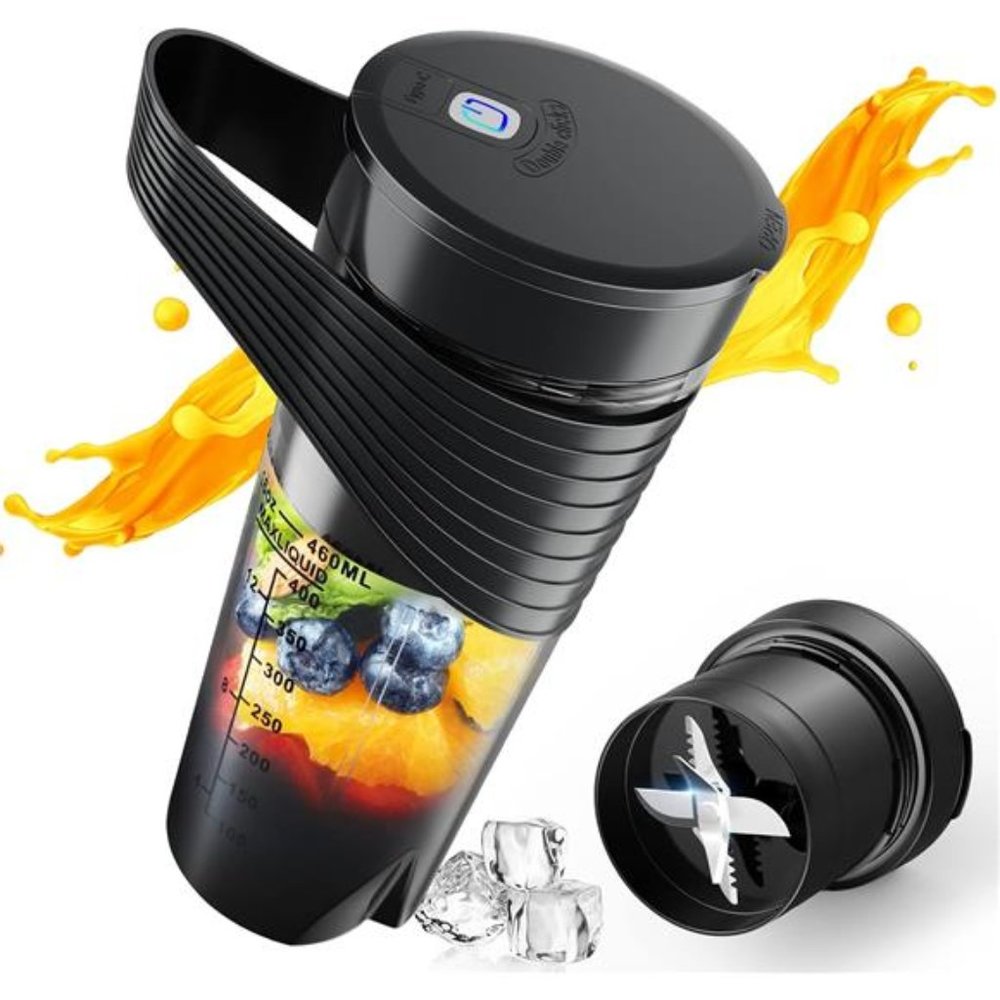 Portable Blender, 16 Oz Rechargeable Type-C Personal Mini with 4 Blades (Black)